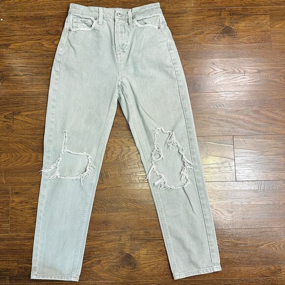 American Eagle Mom Jeans WMNS 2 Green Distressed Denim High Rise Zip Fly Ripped - Picture 2 of 12